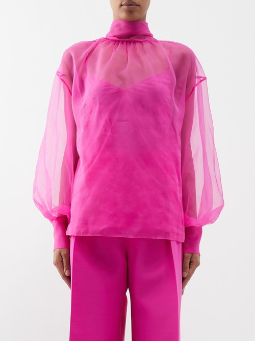 Valentino - Pussy-bow Organza Blouse - Womens - Pink