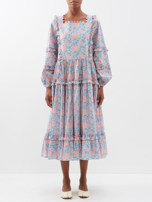 Horror Vacui Manon Floral-print Cotton-poplin Dress In Blue Pink