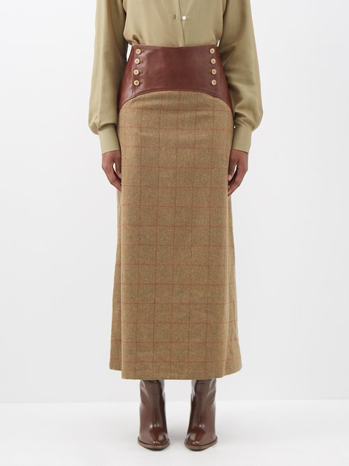 Giuliva Heritage Luisa Leather-trimmed Checked Herringbone Wool Maxi Skirt In Khaki