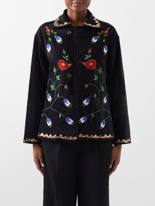 Bode - Beaded Garden Vine Cotton Jacket - Womens - Black Multi