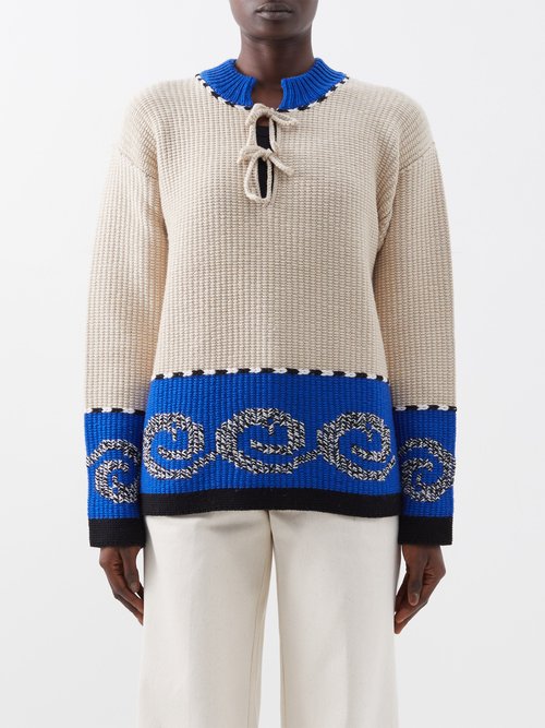 Bode - Cape Cod Intarsia-logo Wool Sweater - Womens - Tan Multi