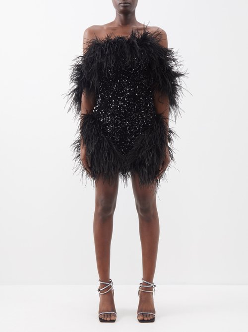 Germanier Feather-trimmed Sequinned Off-the-shoulder Dress