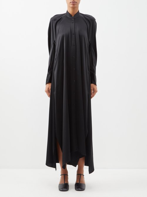 Ashlyn - Dillan Side-slit Satin Shirt Dress Black