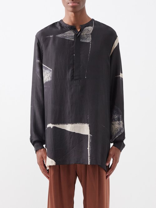 delos - leonard quarter-button shibori-dyed silk shirt mens black multi