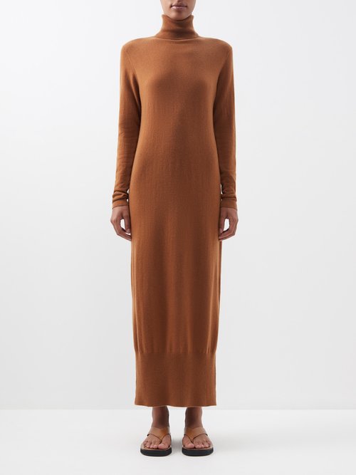 Allude - Wool-blend Roll-neck Sweater Dress Tobacco