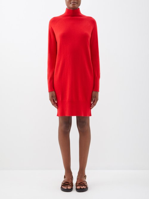 Allude Mock-neck Cashmere Dress In Bright Red