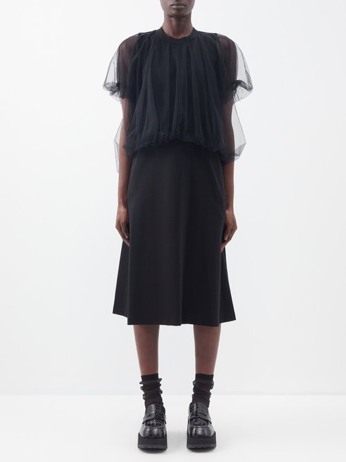 Noir Kei Ninomiya Gathered-waist Cotton And Tulle Sleeveless Dress In Black