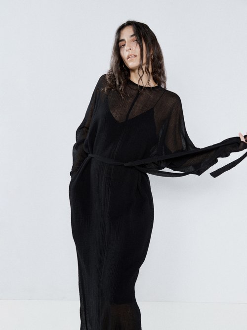 Raey - Crinkled Wool Batwing Sheer Dress - Womens - Black
