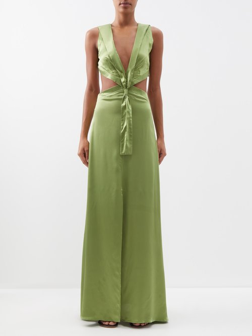 House Of Aama - V-neck Cut-out Silk-charmeuse Dress Green