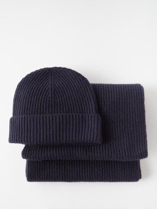 Johnstons Of Elgin Ribbed-cashmere Beanie Hat And Scarf Set In Navy