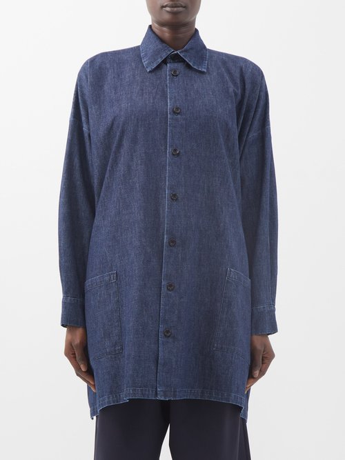 Eskandar - Oversized A-line Cotton-chambray Shirt Dark Blue