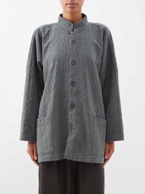 Eskandar - Stand Collar Quilted-cotton A-line Jacket - Womens - Dark Olive