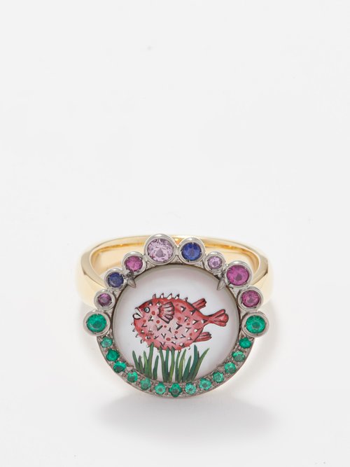 Francesca Villa Fish-intaglio Emerald, Sapphire & 18kt Gold Ring