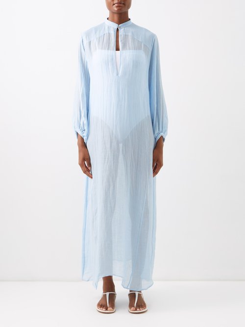 Les Vacances D'irina - The Invisible Linen-blend Maxi Dress Light Blue
