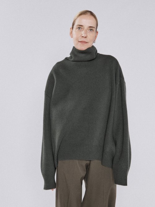 Raey Cropped Displaced-sleeve Roll-neck Wool Sweater In Khaki