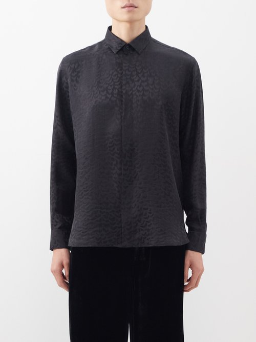 Saint Laurent - Animal-print Jacquard Yves-collar Silk-satin Shirt - Mens - Black