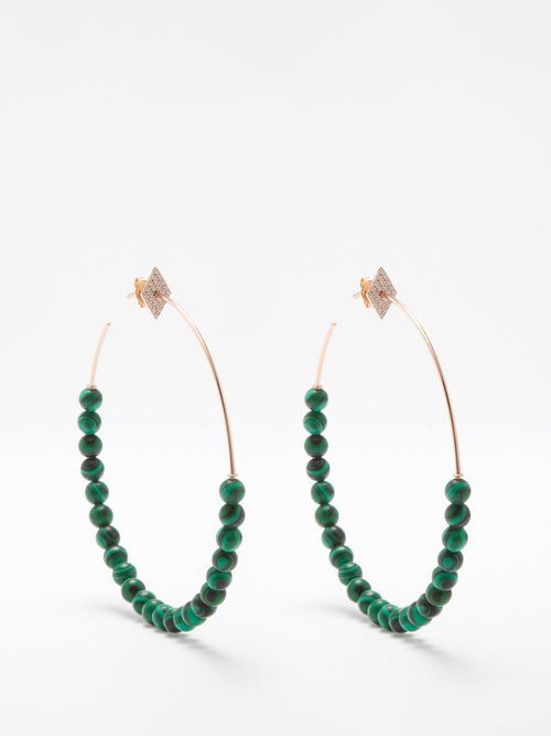 Diane Kordas Malachite, Diamond And 18k Rose Gold Hoop Earrings
