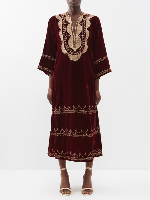 Zelda Embroidered-velvet Midi Dress