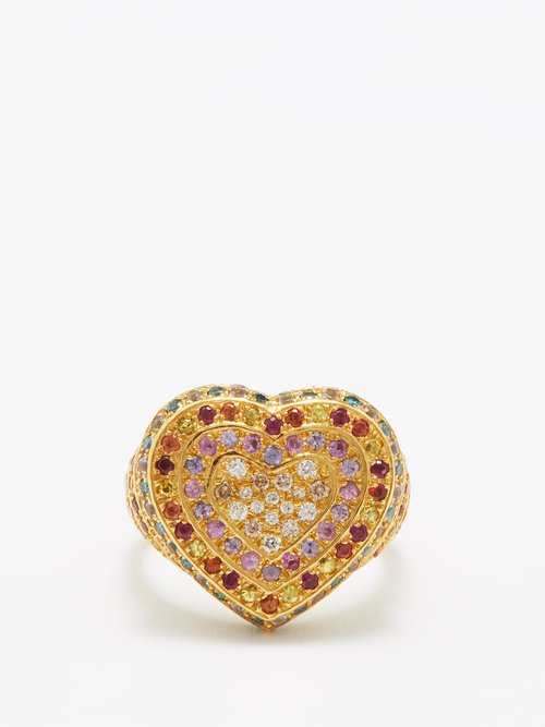 Carolina Bucci Rainbow Heart Diamond, Sapphire & 18kt Gold Ring