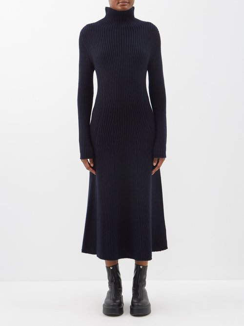 Johnstons Of Elgin High-neck Ribbed-knit Cashmere Midi Dress In Navy