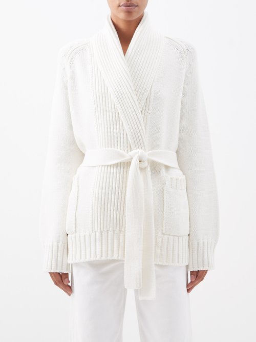 Johnstons Of Elgin Belted Ribbed Cashmere Wrap Cardigan In White / Ivory