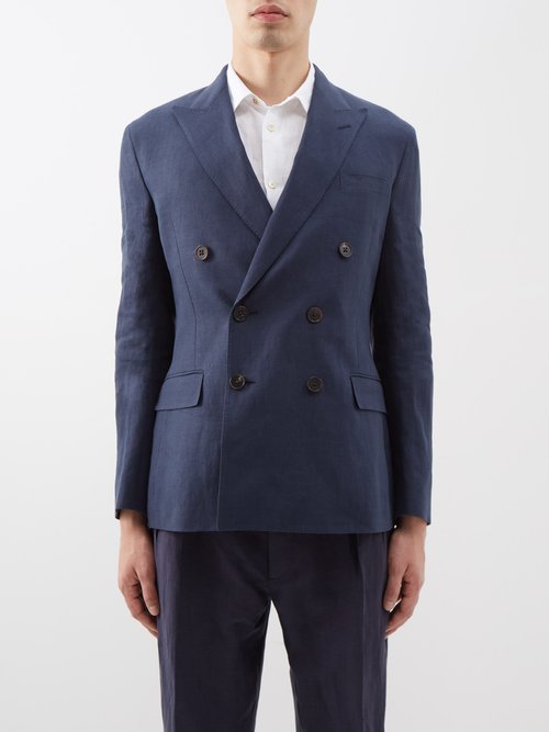 Ralph Lauren Purple Label - Double-breasted Linen Suit Jacket - Mens - Navy