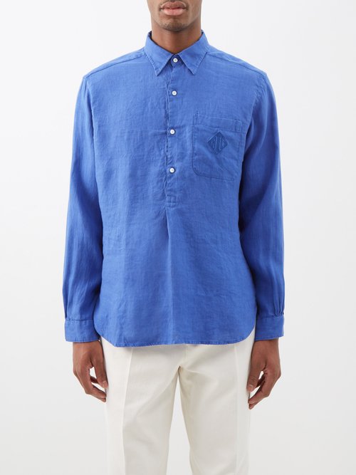 Ralph Lauren Purple Label - Half-button Monogram-embroidered Linen Shirt - Mens - Blue