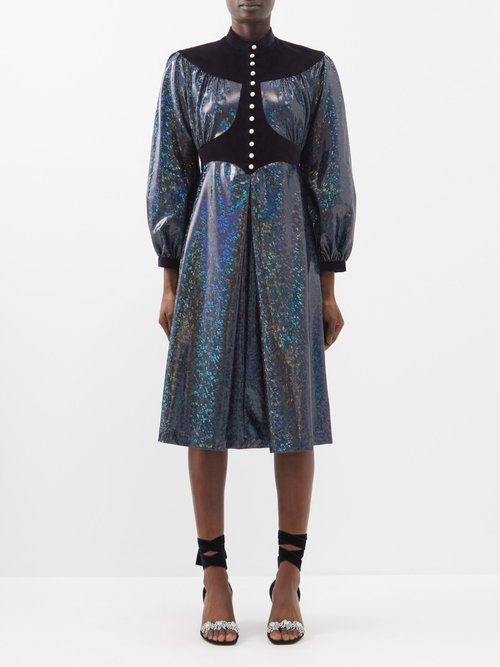 Batsheva Ashlyn Velvet-trim Holographic-lamé Dress
