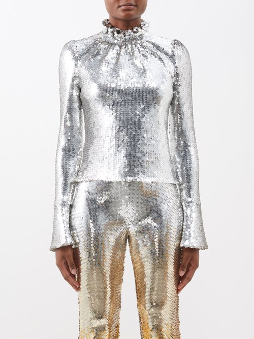 Paco Rabanne Ruffled-neck Sequinned Top In Silver