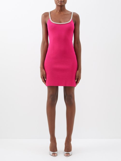 Paco Rabanne Crystal-embellished Ribbed-knit Mini Dress In Pink