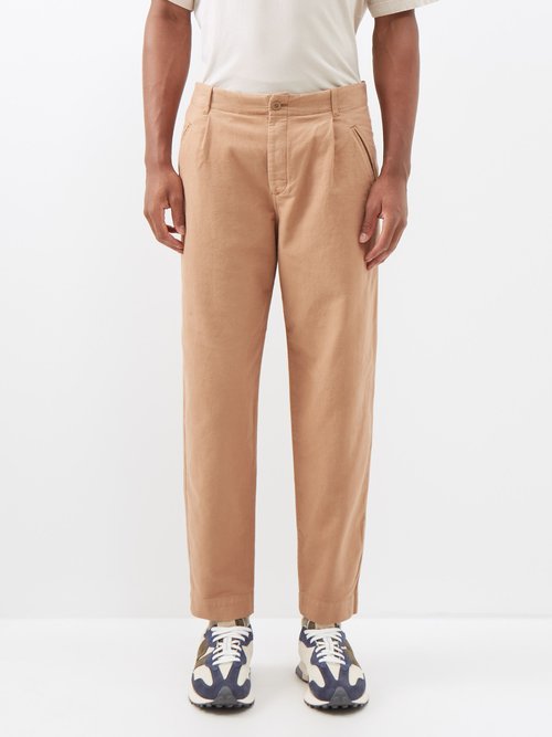 Folk Assembly Tapered Brushed-cotton Chino Trousers In Beige