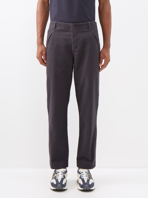 Folk Assembly Tapered Brushed-cotton Chino Trousers In Grey