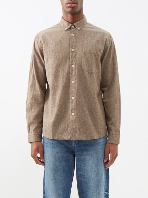 Folk Button-down Collar Cotton Shirt In Brown