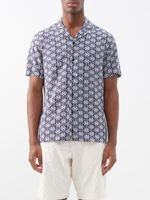 Orlebar Brown - Travis Waypoint-print Cuban-collar Shirt - Mens - Navy Multi