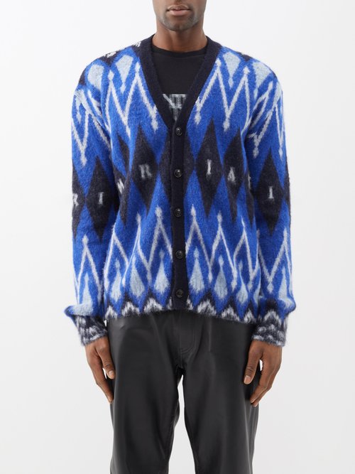Amiri - V-neck Argyle Wool-blend Cardigan - Mens - Blue Multi