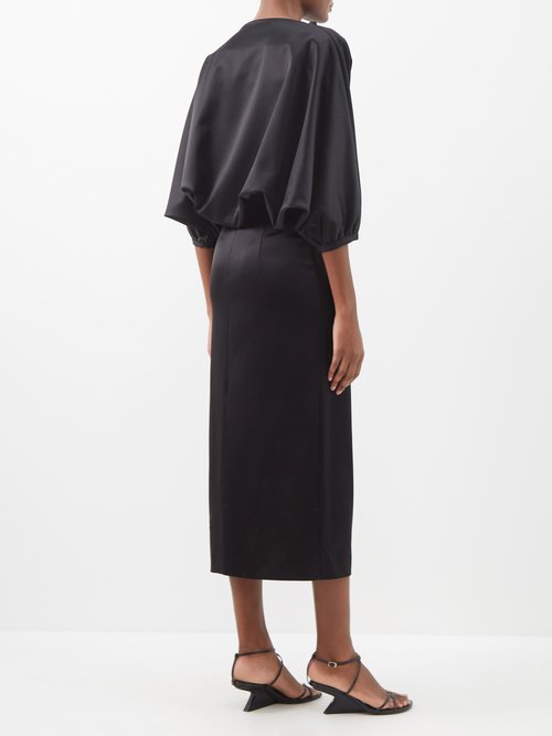 Totême Draped Satin Midi Dress In Black | ModeSens