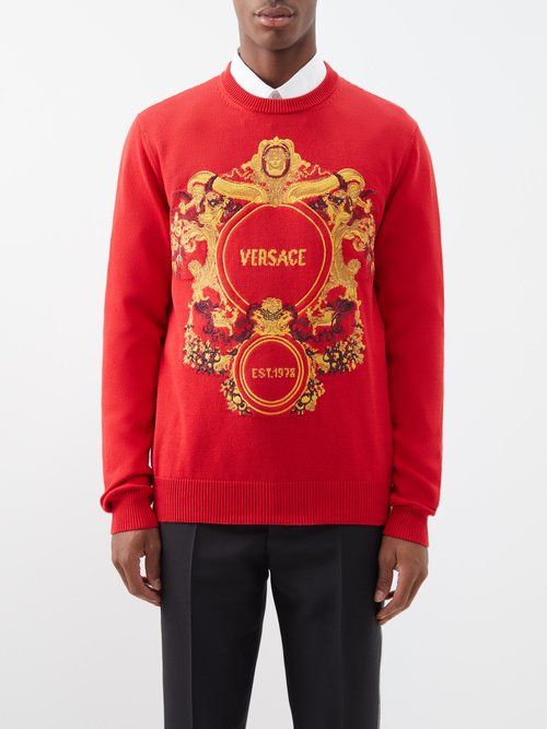 Versace - Medusa Baroque-intarsia Cotton Sweater - Mens - Red Multi