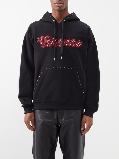 Versace - Studded Varsity Logo Cotton-jersey Hoodie - Mens - Black Red
