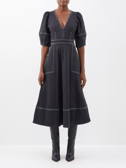 Wiggy Kit - Lantern V-neck Denim Midi Dress - Womens - Black
