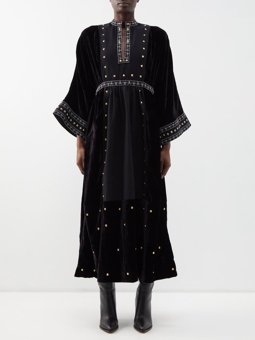 Wiggy Kit - Josephine Studded Velvet And Cotton Midi Dress - Womens - Black