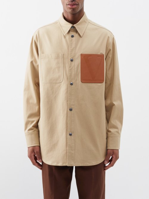 Valentino - Leather-patch Cotton-blend Canvas Overshirt - Mens - Beige