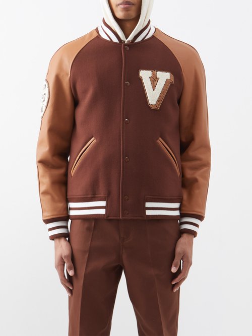 Valentino - Logo-appliqué Leather Varsity Jacket - Mens - Light Brown Multi