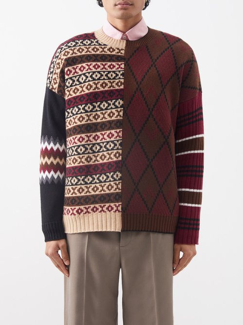 Valentino - Patchwork Geometric-prints Wool-blend Sweater - Mens - Brown Multi
