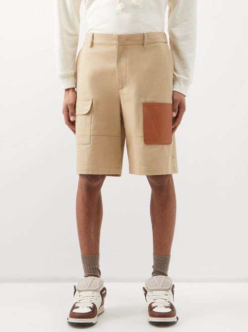 Valentino - Leather-patch Cotton-canvas Bermuda Shorts - Mens - Khaki Brown
