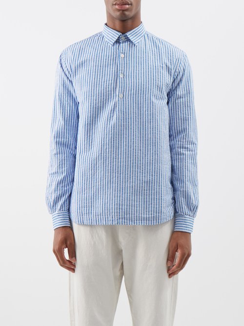 Barena Venezia - Camicia Half-button Striped Cotton Shirt - Mens - Blue Stripe