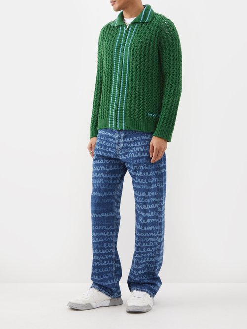 Marni - Open-knit Wool Zipped Cardigan - Mens - Green Blue