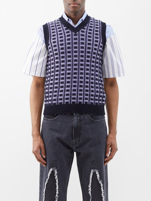 Marni - V-neck Cotton Sweater Vest - Mens - Navy Multi
