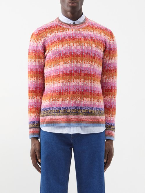 Marni - Striped Typography-logo Wool Sweater - Mens - Orange Multi