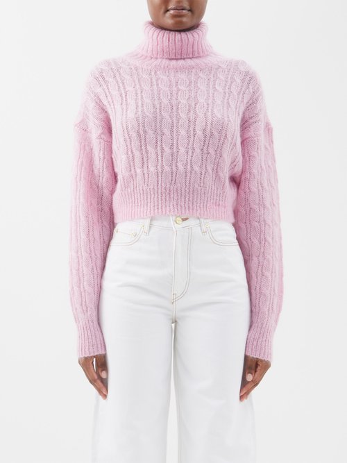 Ganni - Roll-neck Cable-knit Mohair-blend Sweater - Womens - Light Pink