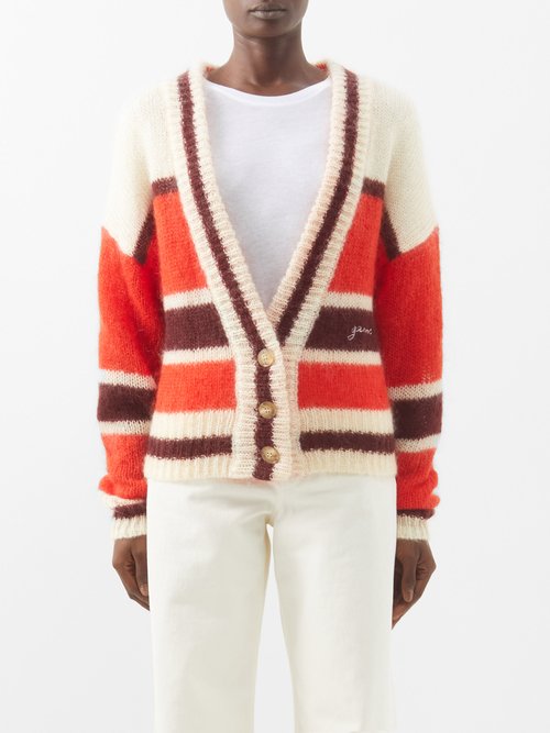Ganni - Striped Embroidered Mohair-blend Cardigan - Womens - Red Multi